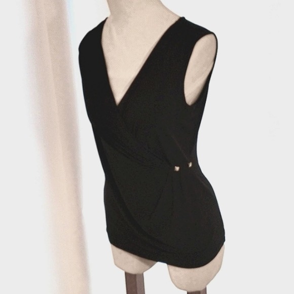 Calvin Klein BLACK Sophisticated V-Drop CAREER Top BLACK Sleeveless Gold Sz S - Picture 11 of 12